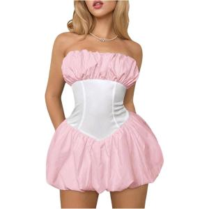 imageSHENHE Womens Bubble Tube Top Dress Off Shoulder Puffy A Line Y2K Corset DressColorblock Pink White