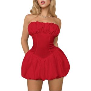 imageSHENHE Womens Bubble Tube Top Dress Off Shoulder Puffy A Line Y2K Corset DressDark Red
