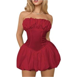 imageSHENHE Womens Bubble Tube Top Dress Off Shoulder Puffy A Line Y2K Corset DressRed