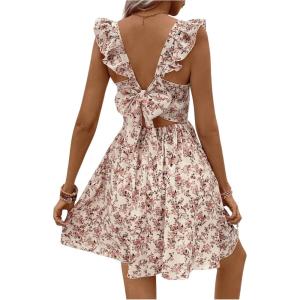 imageSHENHE Womens Ditsy Floral Tie Back Square Neck Ruffle Sleeveless A Line Swing Mini Dress Apricot Medium