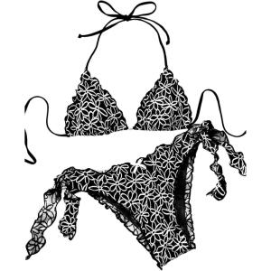 imageSHENHE Womens Halter Triangle Bikini Set Floral Print Side Tie Frilly 2 Piece SwimsuitBlack and White