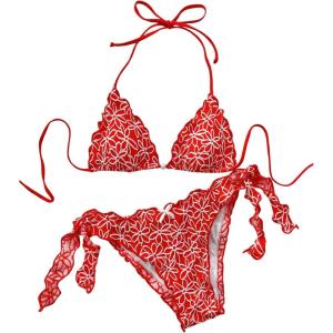 imageSHENHE Womens Halter Triangle Bikini Set Floral Print Side Tie Frilly 2 Piece SwimsuitRed