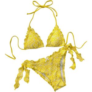 imageSHENHE Womens Halter Triangle Bikini Set Floral Print Side Tie Frilly 2 Piece SwimsuitYellow