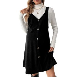 imageSHENHE Womens Maternity Overall Dress V Neck Button Front Corduroy Pinafore Dress Short JumperBlack