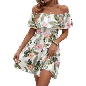 imageSHENHE Womens Off Shoulder Ruffle Trim Floral Tropical Dress A Line Flowy Mini DressWhite Green