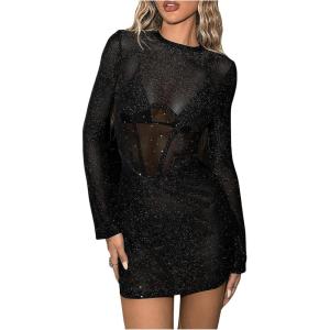 imageSHENHE Womens Sexy Open Back Sheer Mesh Long Sleeve Backless Bodycon Party Mini DressGlitter Black