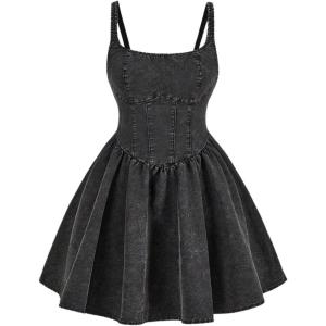 imageSHENHE Womens Vintage Denim Dress Spaghetti Strap Fit and Flare Mini Jean Bustier DressBlack