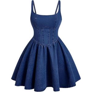 imageSHENHE Womens Vintage Denim Dress Spaghetti Strap Fit and Flare Mini Jean Bustier DressDark Wash