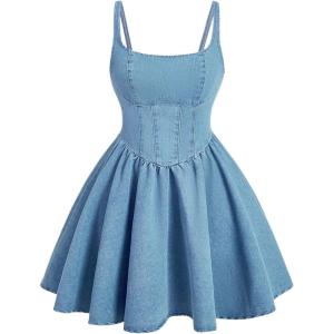 imageSHENHE Womens Vintage Denim Dress Spaghetti Strap Fit and Flare Mini Jean Bustier DressMedium Wash Blue B