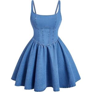 imageSHENHE Womens Vintage Denim Dress Spaghetti Strap Fit and Flare Mini Jean Bustier DressMedium Wash Blue a