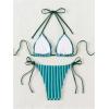 imageSHENHE Womens 2 Piece Swimsuit Floral Print Halter Tie Side Triangle Bikini SetStriped Dark Green