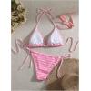 imageSHENHE Womens 2 Piece Swimsuit Floral Print Halter Tie Side Triangle Bikini SetStriped Pink