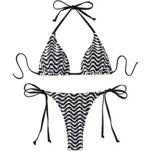 imageSHENHE Womens 2 Piece Swimsuit Floral Print Halter Tie Side Triangle Bikini SetBlack and White Striped B