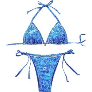 imageSHENHE Womens 2 Piece Swimsuit Floral Print Halter Tie Side Triangle Bikini SetBlue Floral
