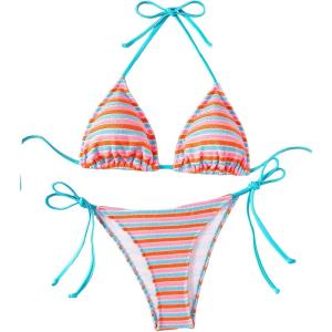 imageSHENHE Womens 2 Piece Swimsuit Floral Print Halter Tie Side Triangle Bikini SetBlue Pink Orange Stripped