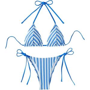 imageSHENHE Womens 2 Piece Swimsuit Floral Print Halter Tie Side Triangle Bikini SetBlue Striped C