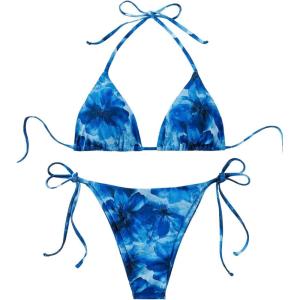 imageSHENHE Womens 2 Piece Swimsuit Floral Print Halter Tie Side Triangle Bikini SetBlue Tie Dye