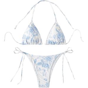 imageSHENHE Womens 2 Piece Swimsuit Floral Print Halter Tie Side Triangle Bikini SetBlue and White Floral C
