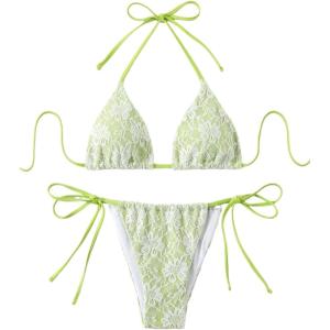 imageSHENHE Womens 2 Piece Swimsuit Floral Print Halter Tie Side Triangle Bikini SetGreen Floral a