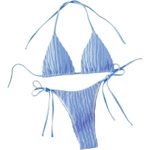 imageSHENHE Womens 2 Piece Swimsuit Floral Print Halter Tie Side Triangle Bikini SetLight Blue Stripe Textured