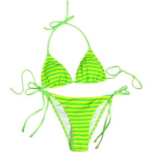 imageSHENHE Womens 2 Piece Swimsuit Floral Print Halter Tie Side Triangle Bikini SetLime Green Stripped