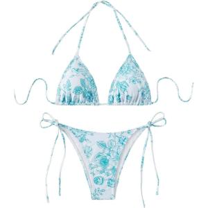 imageSHENHE Womens 2 Piece Swimsuit Floral Print Halter Tie Side Triangle Bikini SetMint Blue