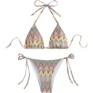imageSHENHE Womens 2 Piece Swimsuit Floral Print Halter Tie Side Triangle Bikini SetMulticolor Chevron