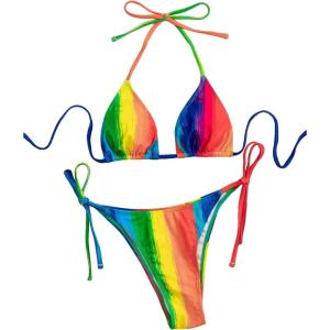 imageSHENHE Womens 2 Piece Swimsuit Floral Print Halter Tie Side Triangle Bikini SetMulticolor Colorblock
