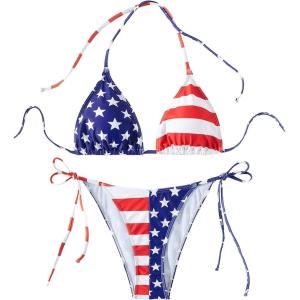 imageSHENHE Womens 2 Piece Swimsuit Floral Print Halter Tie Side Triangle Bikini SetMulticolor Flag