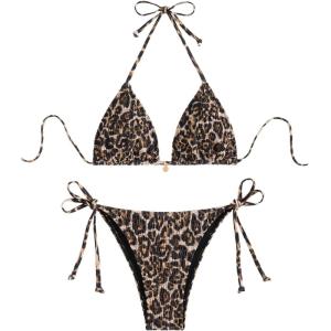 imageSHENHE Womens 2 Piece Swimsuit Floral Print Halter Tie Side Triangle Bikini SetMulticolor Leopard Print