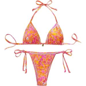 imageSHENHE Womens 2 Piece Swimsuit Floral Print Halter Tie Side Triangle Bikini SetOrange Floral