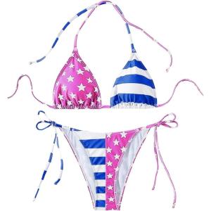 imageSHENHE Womens 2 Piece Swimsuit Floral Print Halter Tie Side Triangle Bikini SetPink Flag