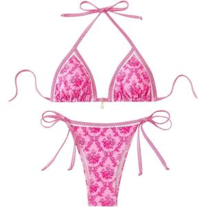 imageSHENHE Womens 2 Piece Swimsuit Floral Print Halter Tie Side Triangle Bikini SetPink Floral