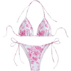 imageSHENHE Womens 2 Piece Swimsuit Floral Print Halter Tie Side Triangle Bikini SetPink Floral C