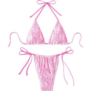 imageSHENHE Womens 2 Piece Swimsuit Floral Print Halter Tie Side Triangle Bikini SetPink Floral a