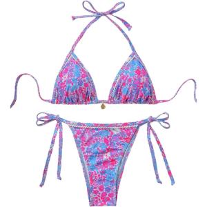 imageSHENHE Womens 2 Piece Swimsuit Floral Print Halter Tie Side Triangle Bikini SetPurple Floral