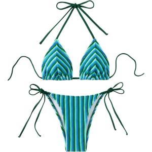 imageSHENHE Womens 2 Piece Swimsuit Floral Print Halter Tie Side Triangle Bikini SetStriped Dark Green