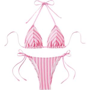 imageSHENHE Womens 2 Piece Swimsuit Floral Print Halter Tie Side Triangle Bikini SetStriped Light Pink