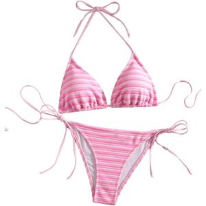 imageSHENHE Womens 2 Piece Swimsuit Floral Print Halter Tie Side Triangle Bikini SetStriped Pink