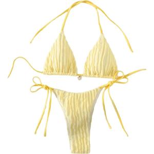 imageSHENHE Womens 2 Piece Swimsuit Floral Print Halter Tie Side Triangle Bikini SetYellow Stripe Textured