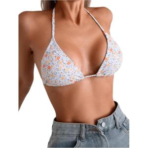 imageSHENHE Womens Summer Beach Random Vacation Beach Ditsy Printed Halter Bikini Top Floral White Large