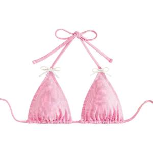 imageSHENHE Womens Triangle Halter Bikini Top Floral Tie Back Smocked Cute Swimsuit TopGingham Bow Pink