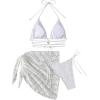 imageSHENHE Womens 3 Piece Floral Lace Criss Cross Halter Triangle Bikini Set with Sarong Cover UpsWhite
