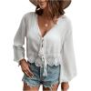 imageSHENHE Womens Lace Trim Tie Front Long Sleeve Kimono Beach Cover Up Boho Cardigan Kimono White Medium