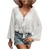 imageSHENHE Womens Lace Trim Tie Front Long Sleeve Kimono Beach Cover Up Boho Cardigan Kimono White Medium