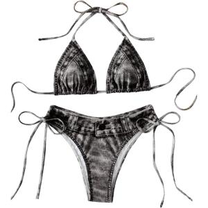 imageSHENHE Womens 2 Piece Swimsuits Denim Print Halter String Triangle Tie Side Bikini SetBlack