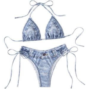 imageSHENHE Womens 2 Piece Swimsuits Denim Print Halter String Triangle Tie Side Bikini SetBlue