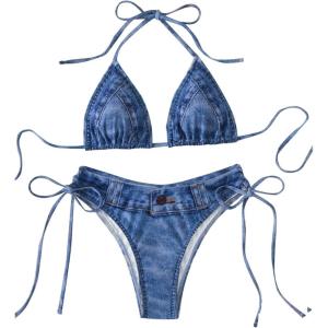 imageSHENHE Womens 2 Piece Swimsuits Denim Print Halter String Triangle Tie Side Bikini SetDeep Blue
