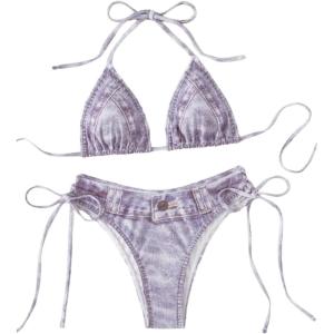 imageSHENHE Womens 2 Piece Swimsuits Denim Print Halter String Triangle Tie Side Bikini SetPurple