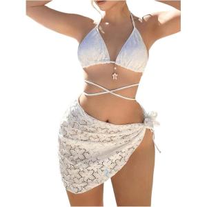 imageSHENHE Womens 3 Piece Floral Lace Criss Cross Halter Triangle Bikini Set with Sarong Cover UpsWhite